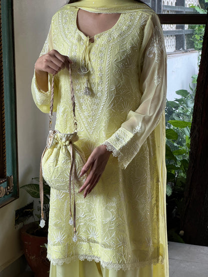 Chiffon Chikankari Sequinned Farshi Salwar with Potli Set
