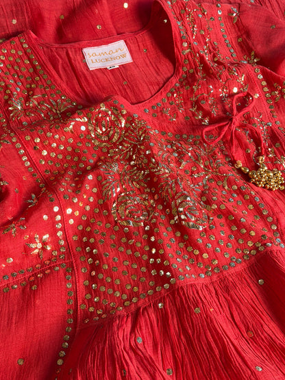 Red Mukaish Kamdani Mul Chanderi Angarkha