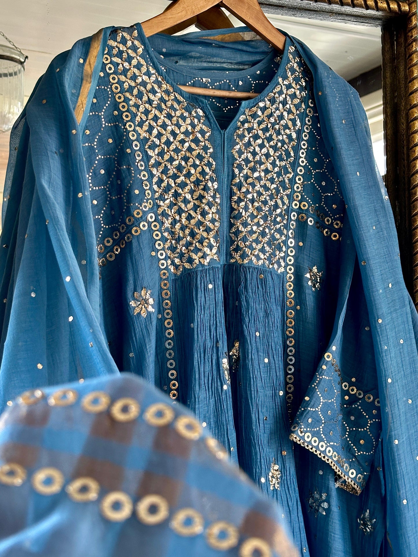 Blue Shade Mukaish Mul Chanderi Silk Dress