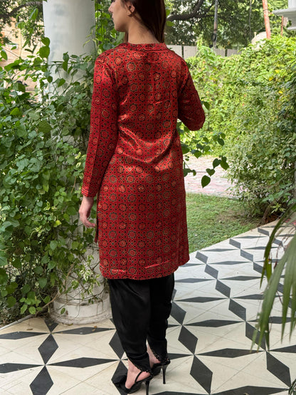 Ajrak Brick Red Shade Mashru Silk, Short Kurta