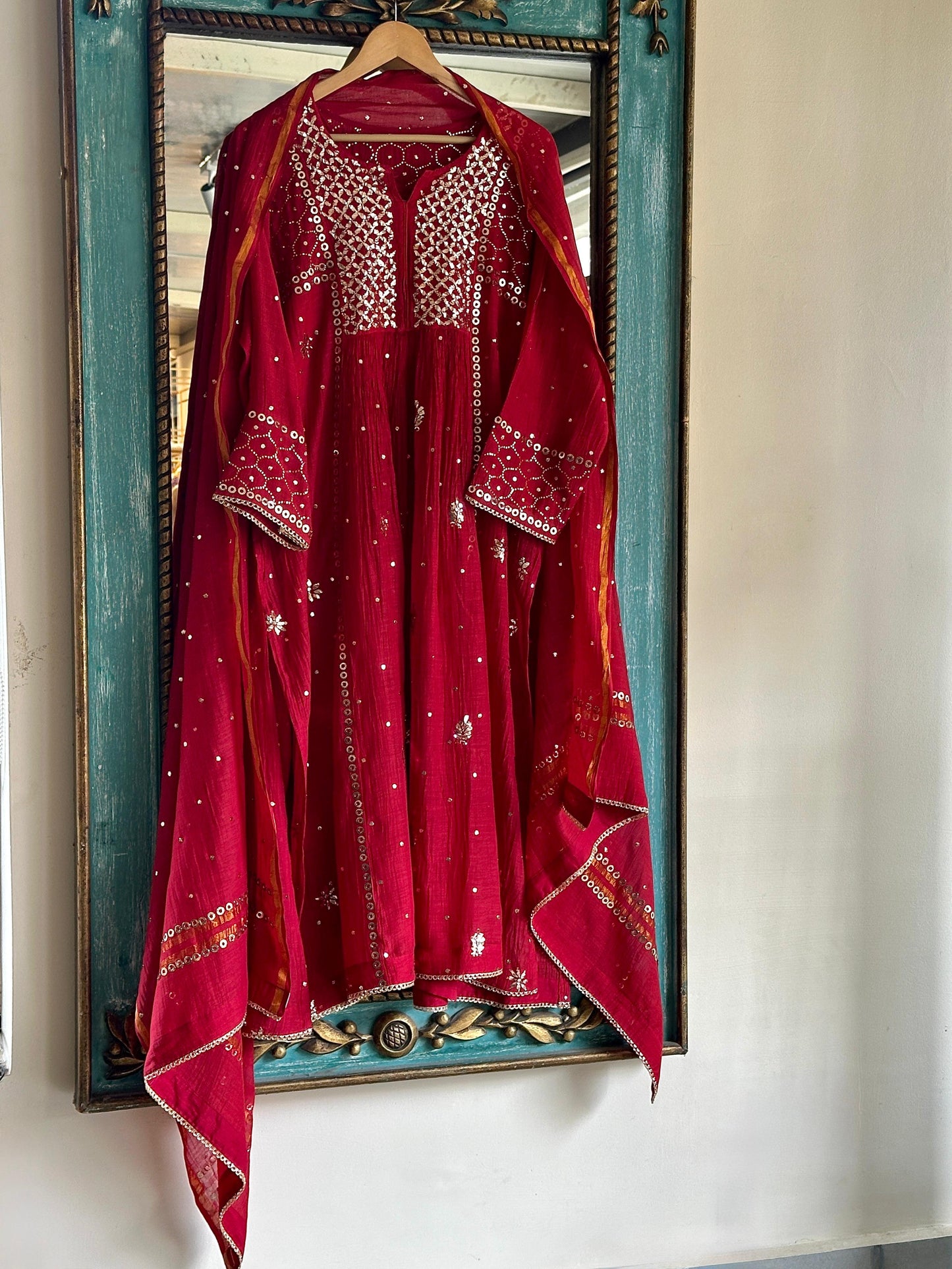 Cherry Red Shade Mukaish Mul Chanderi Silk Dress