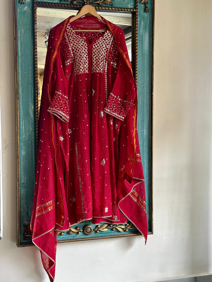 Cherry Red Shade Mukaish Mul Chanderi Silk Dress