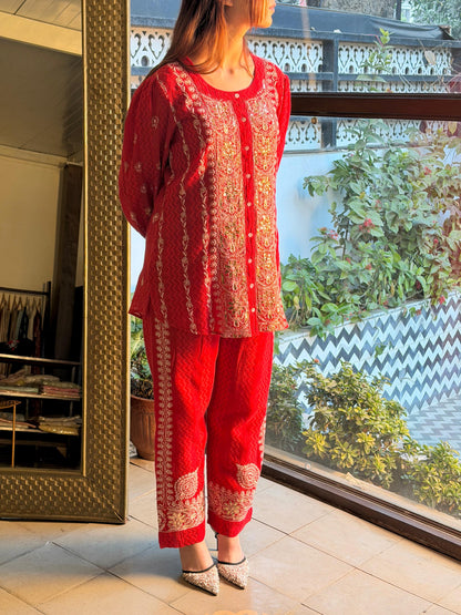 Crimson Red | Jacquard Sequins Chikankari Co-Ord Set