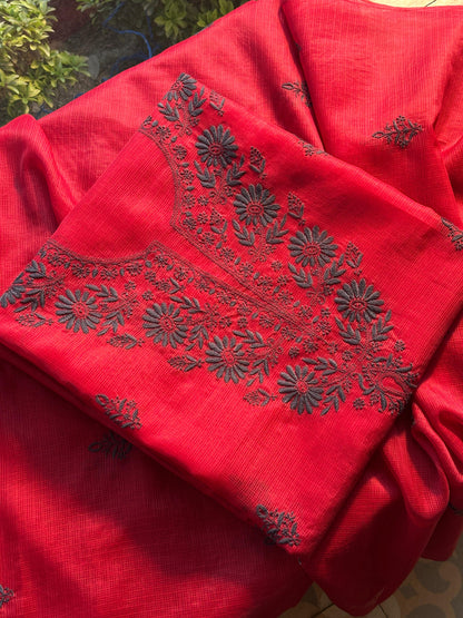 Red & Grey Kota Chikankari Unstitched Fabric