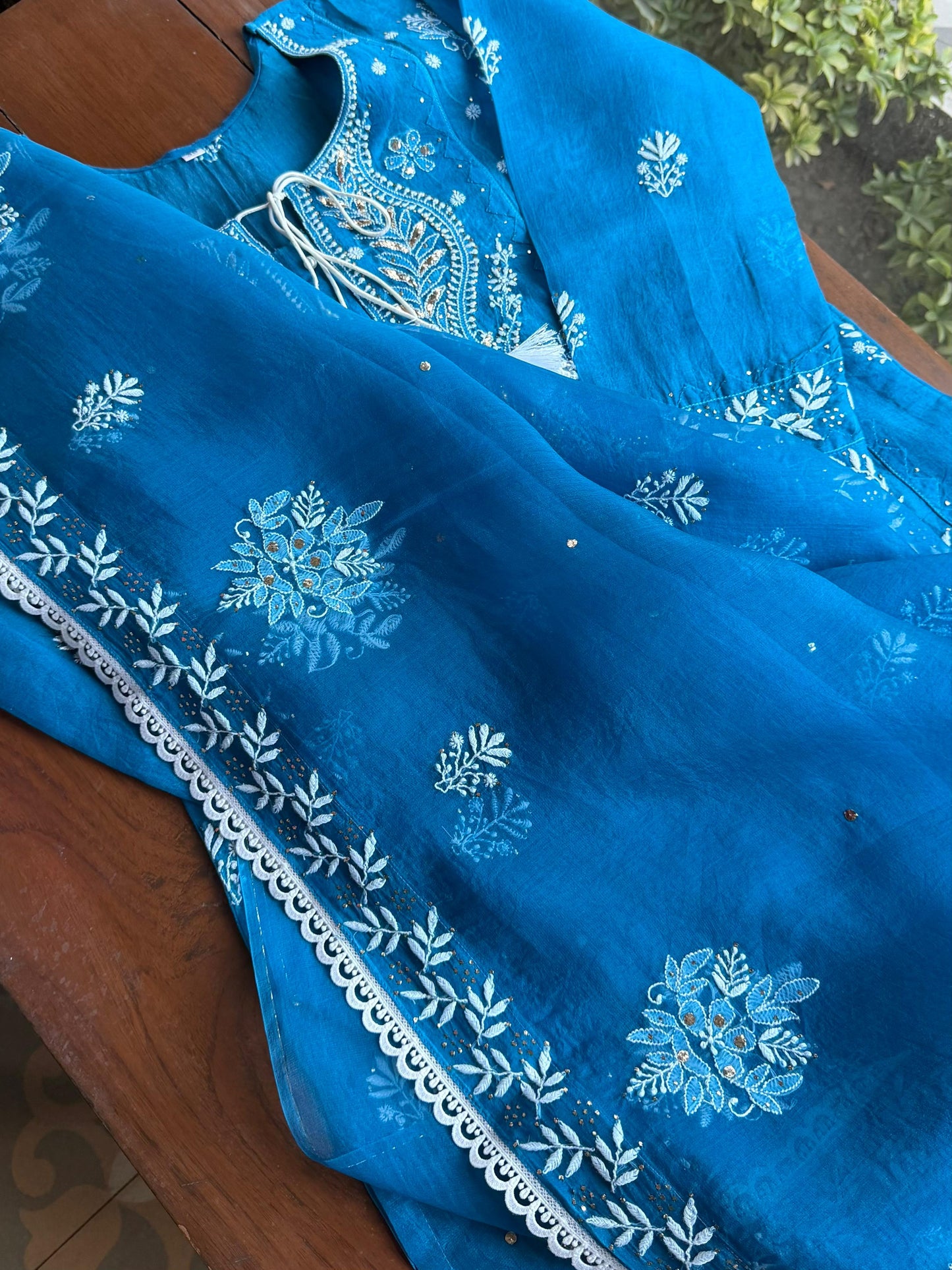 Azure Blue Shade Noor Organza Chikankari Applique Kurta Set