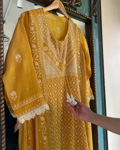 Yellow Malmal Pearl Work Chikankari Kalidar A Line Kurta With Dupatta