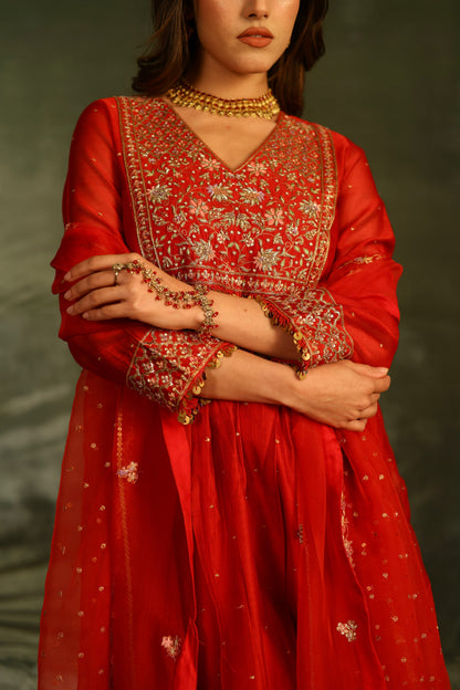 Red & Purple Maheshwari Silk Awadhi Zardosi Kurta Set