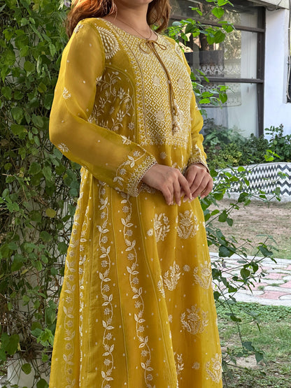 Yellow Noor Organza Chikankari Anarkali Kurta With Dupatta