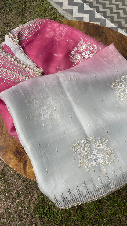 Ombre Plum Grey Noor Organza Chikankari With Sequins Border Saree
