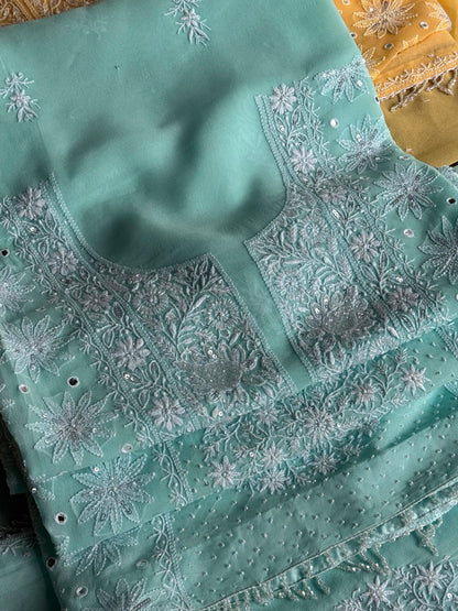 Aqua Green shade Georgette Mirror Work Chikankari Kurta Dupatta Set