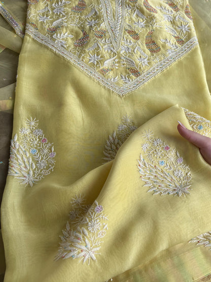 Butter Yellow Mul Chikankari Unstitched Kurta Set