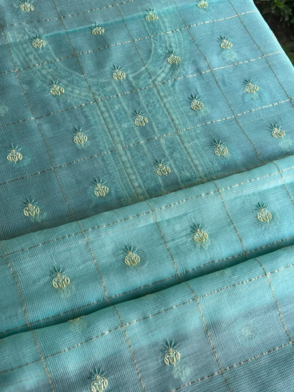 Aqua Green Shade Tissue Zari Kota Chikankari Unstitched Fabric