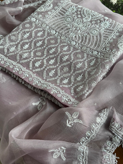 Old Lavender Shade Noor Banarasi Organza Chikankari Unstitched Fabric