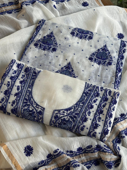 Indigo White Mal Chanderi Silk Chikankari Unstitched Fabric