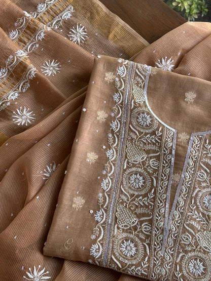 Tobacco Brown Shade Banarasi Zari Chanderi Unstitched Chikankari Fabric