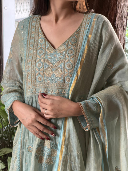Cement Shade Tissue Silk Chikankari Bhopali Cut Kurta Dupatta Set