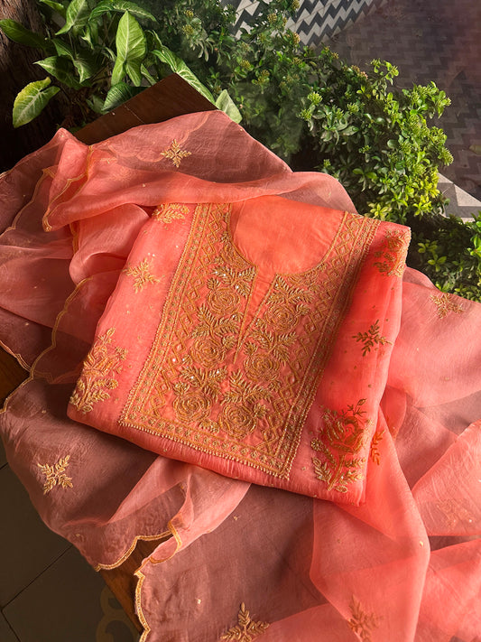 Peach & Mustard Shade Noor Organza Silk Chikankari Unstitched Fabric