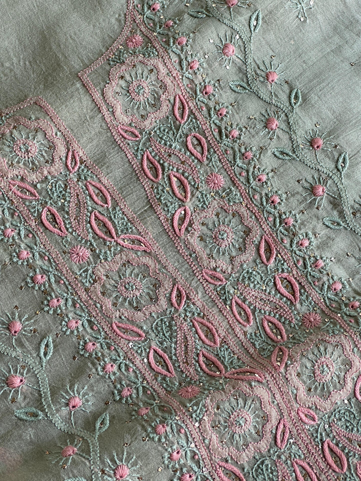 Olive Green Noor Organza Silk Chikankari With Kamdani Fabric