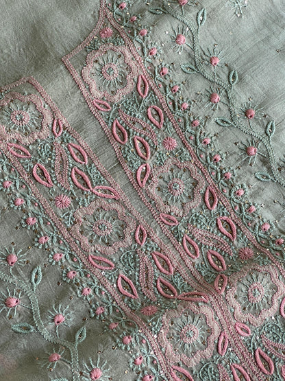 Olive Green Noor Organza Silk Chikankari With Kamdani Fabric