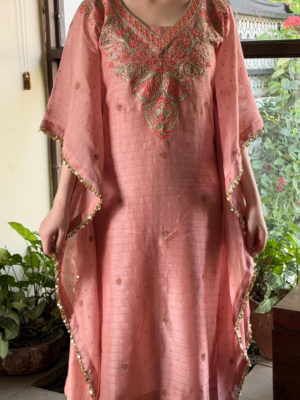 Peach Shade Zari Chanderi Chikankari Kaftan