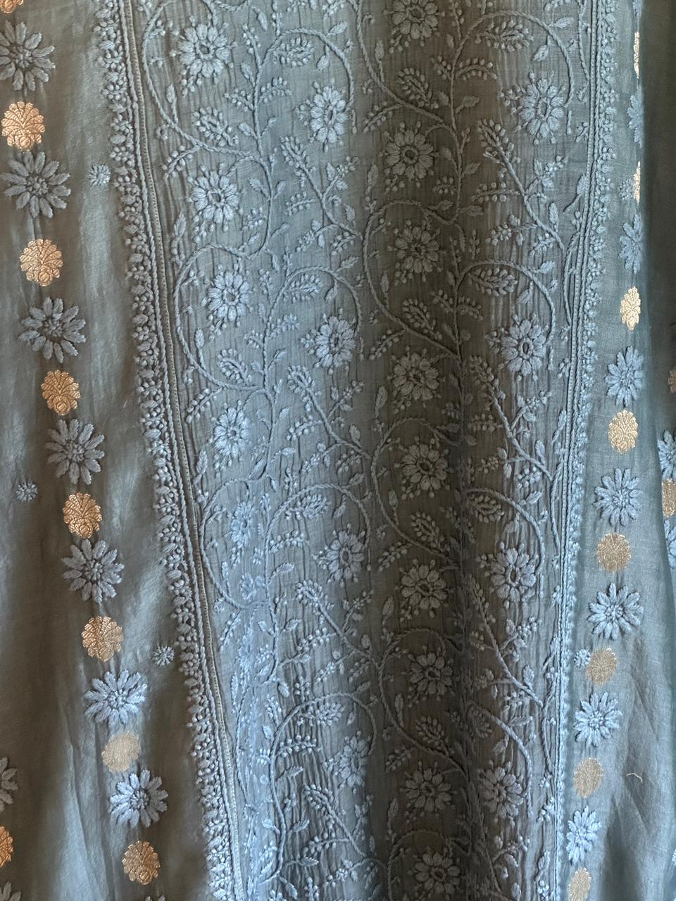 Blue Shade Zari Chanderi Chikankari Ready to Wear Tunics