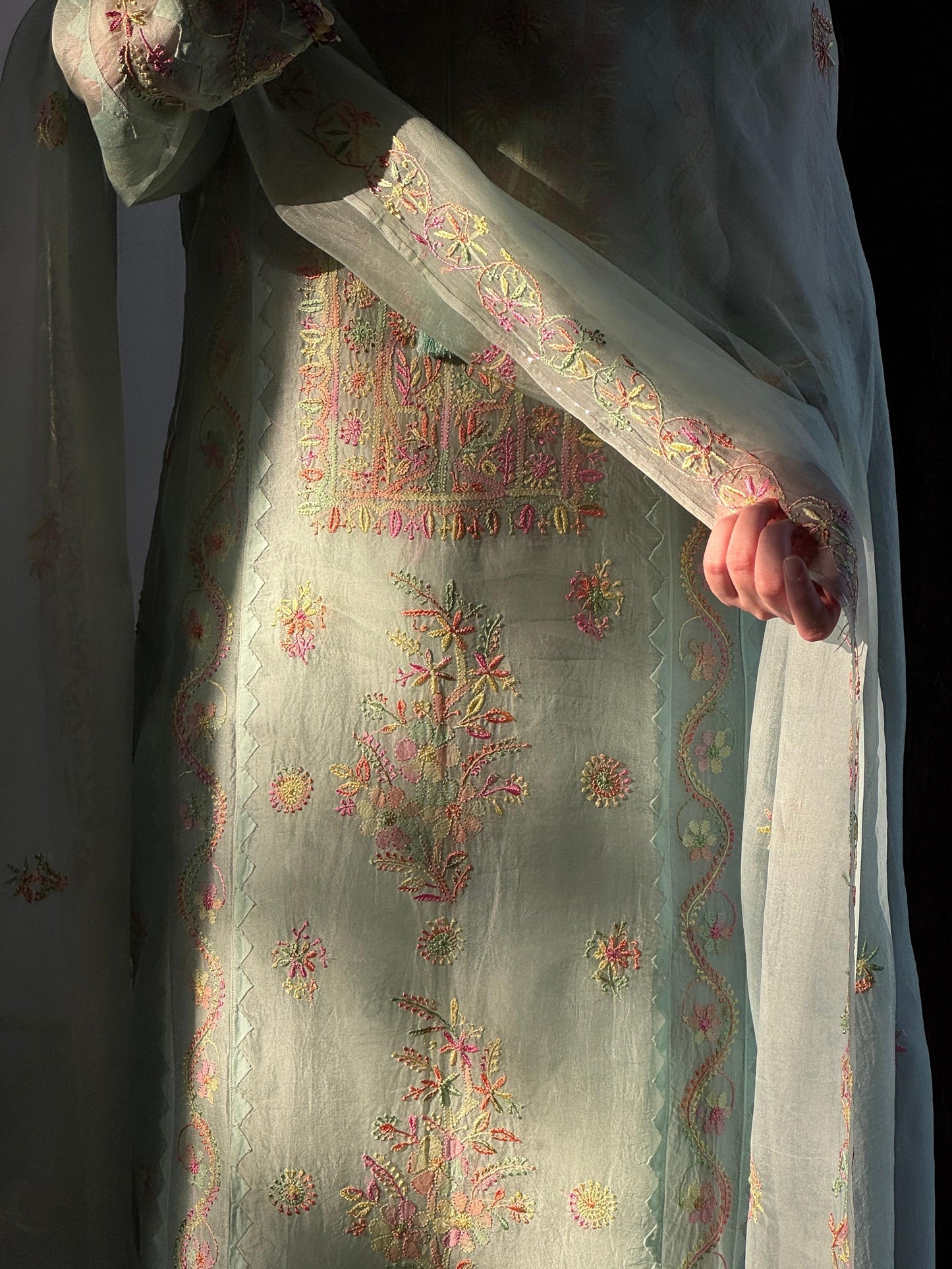 Mint Blue Multi Coloured Noor Organza Resham Chikankari Kurta Set