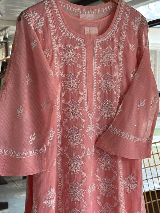 Soft Peach Sequinned Chikankari Kota Kurta