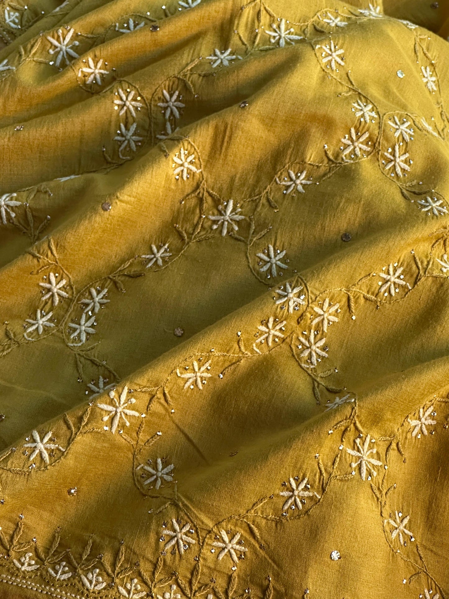 Mustard Yellow Shade Chanderi Chikankari Saree