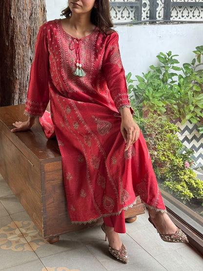 Brick Red Moonga Silk Chikankari Anarkali With Dupatta