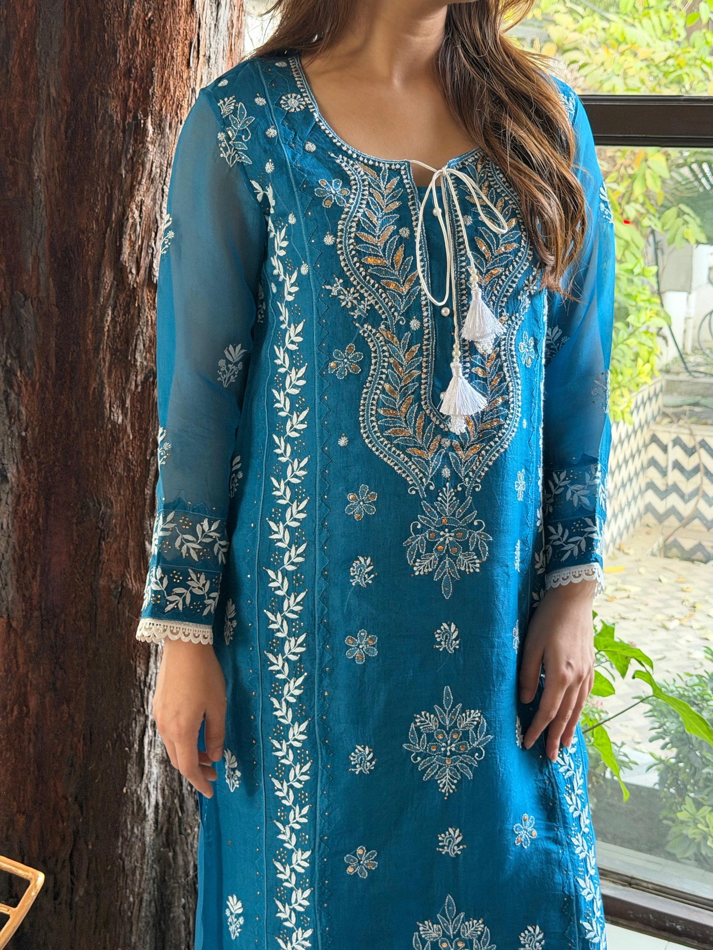 Azure Blue Shade Noor Organza Chikankari Applique Kurta Set