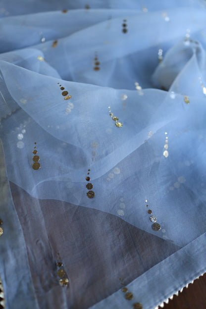Powder Blue Shade Noor Organza Silk Badla Unstitched Kurta Dupatta Set