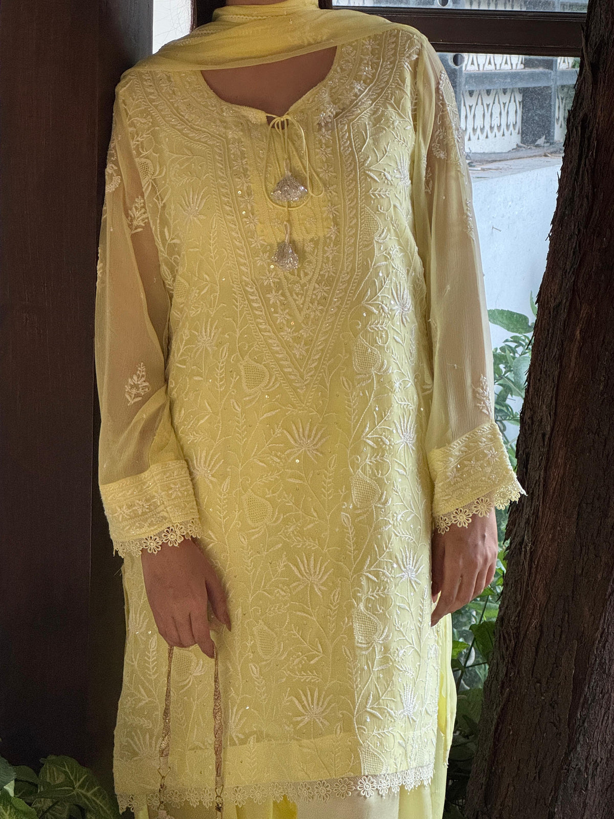 Chiffon Chikankari Sequinned Farshi Salwar with Potli Set