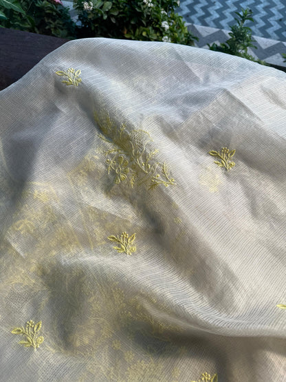 White & Lemon Kota Chikankari Unstitched Fabric