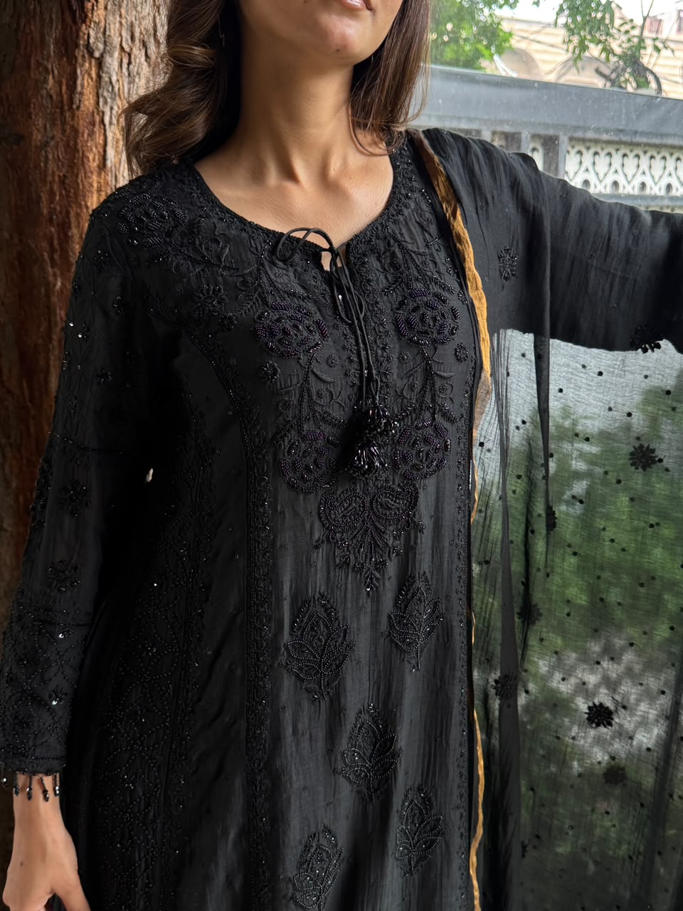 Black Malmal Pearl Work Chikankari A Line Kalidar Kurta With Dupatta