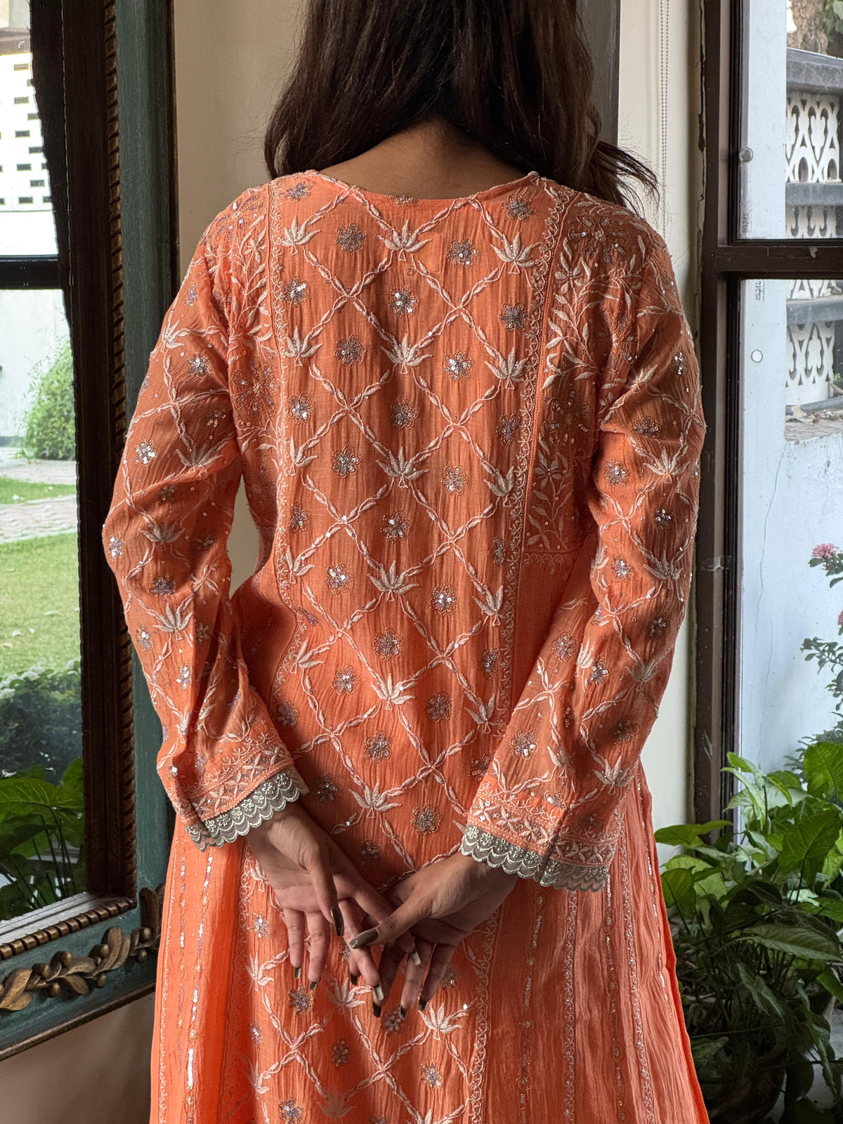 Coral Orange Malmal Pearl Work Chikankari A Line Kalidar Kurta With Dupatta