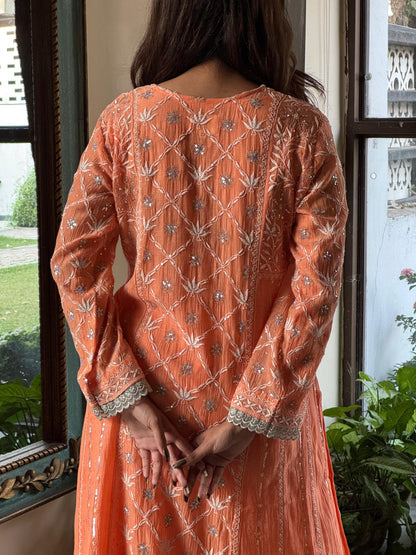 Coral Orange Malmal Pearl Work Chikankari A Line Kalidar Kurta With Dupatta