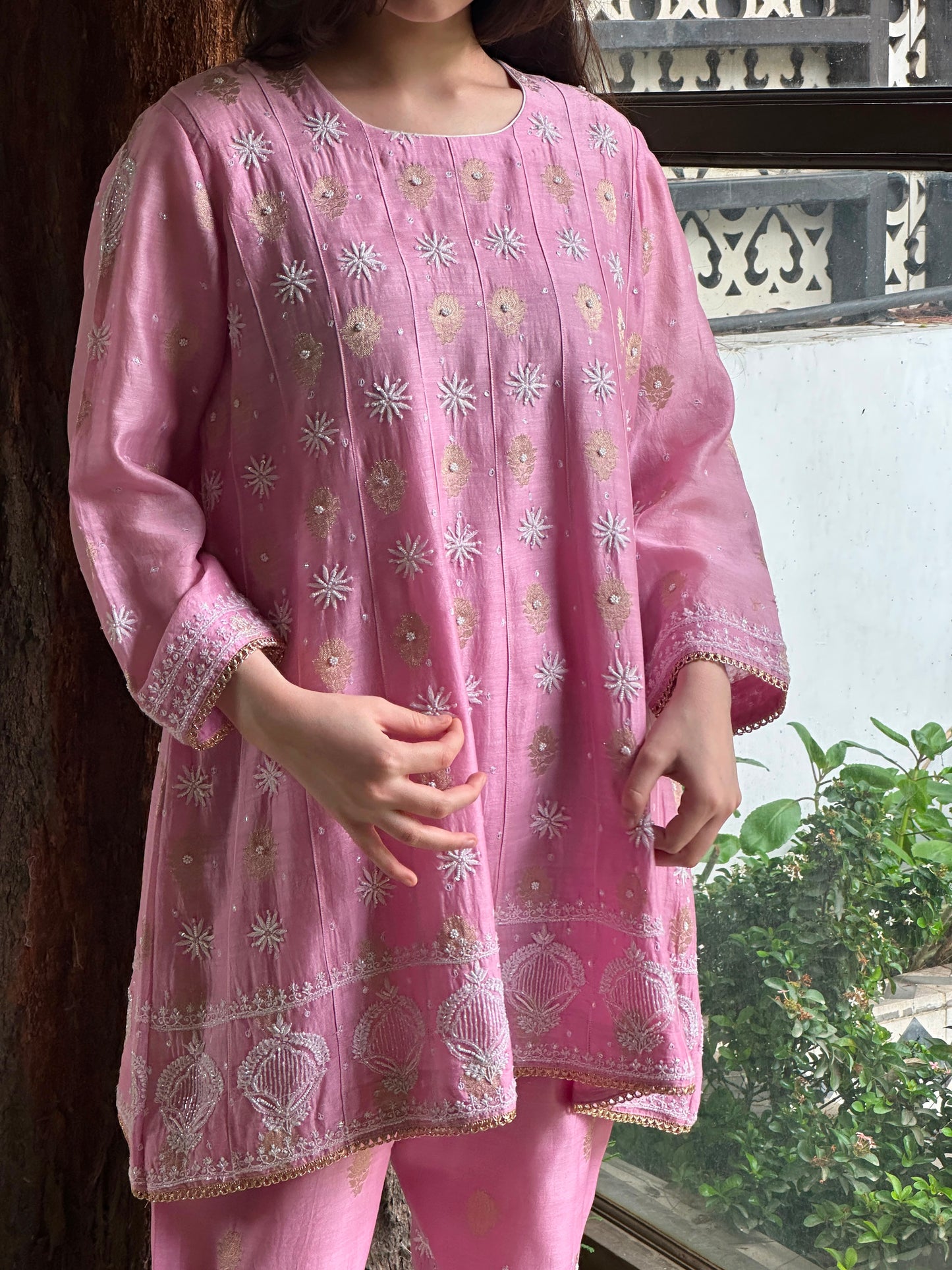 Soft Pink Zari Chanderi Chikankari Co-Ord Set