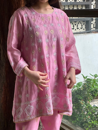 Soft Pink Zari Chanderi Chikankari Co-Ord Set
