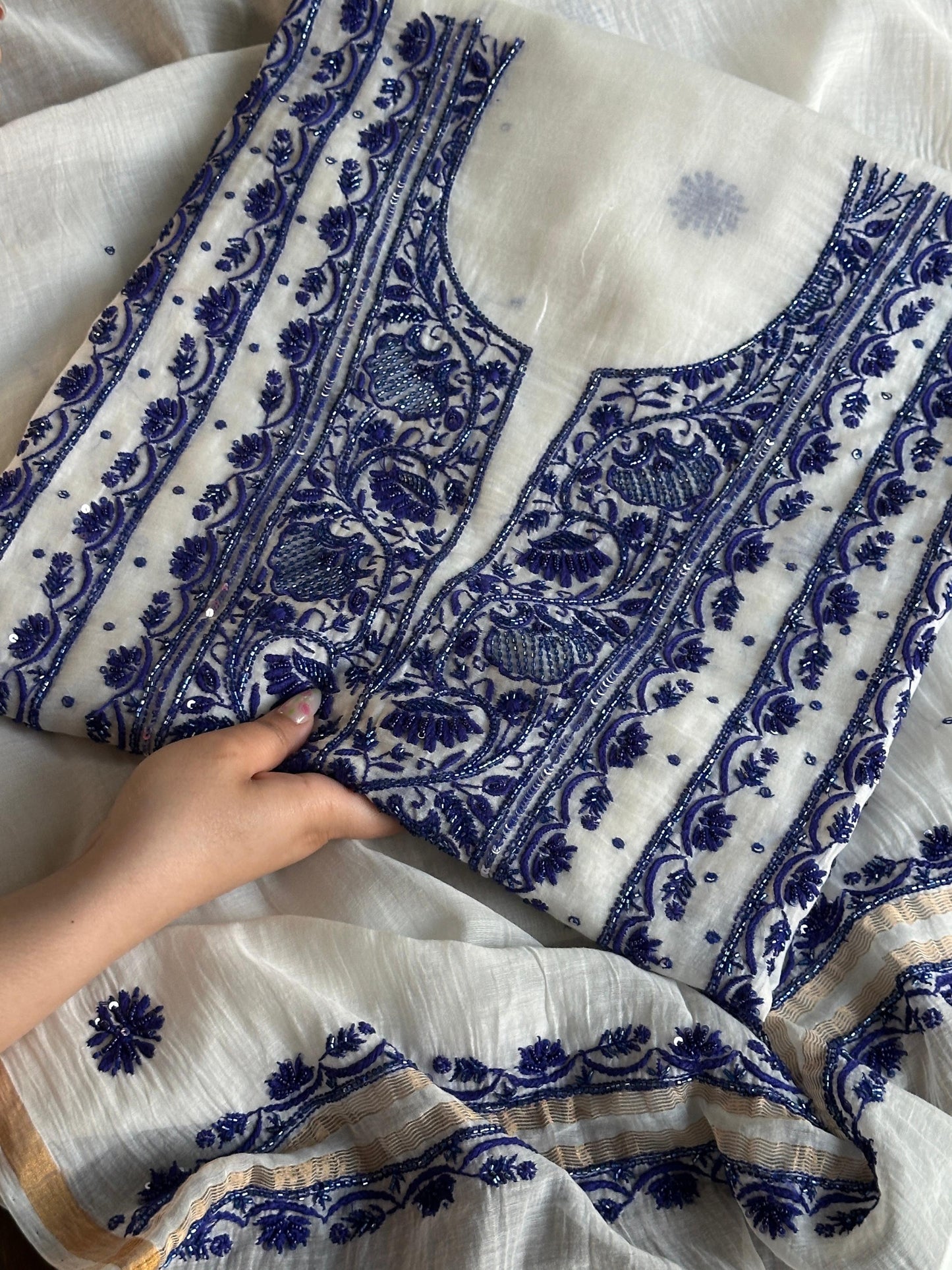 Indigo White Mal Chanderi Silk Chikankari Unstitched Fabric