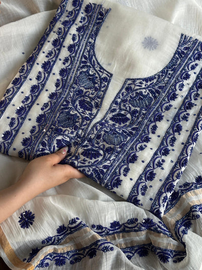 Indigo White Mal Chanderi Silk Chikankari Unstitched Fabric