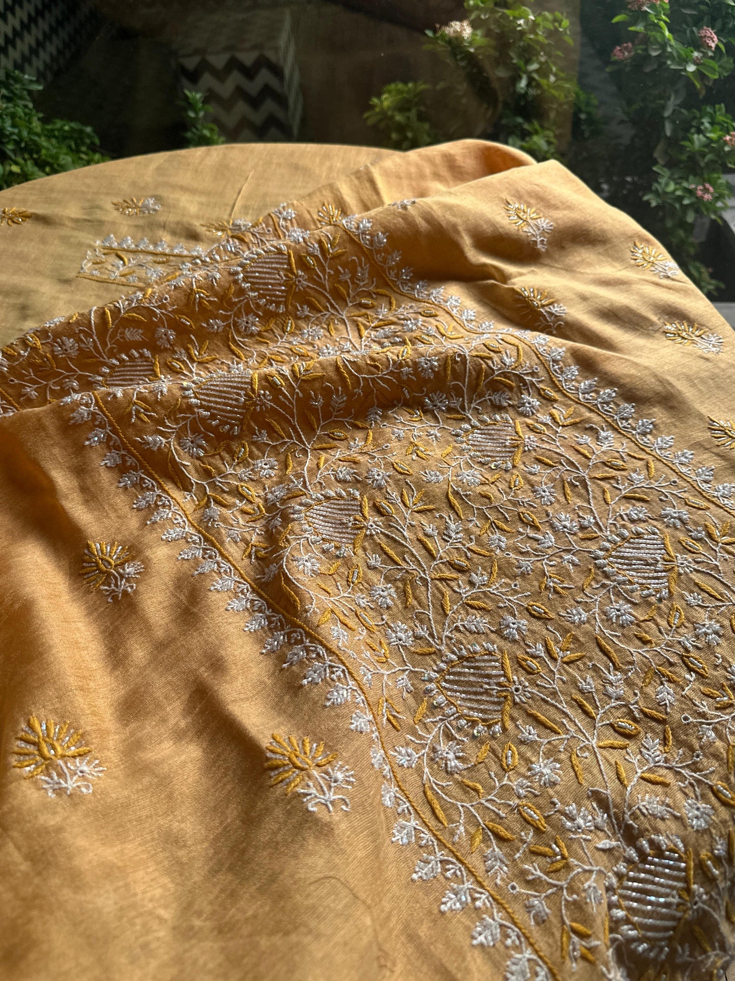 Yellow Tissue Silk Chikankari Unstitched Fabrics