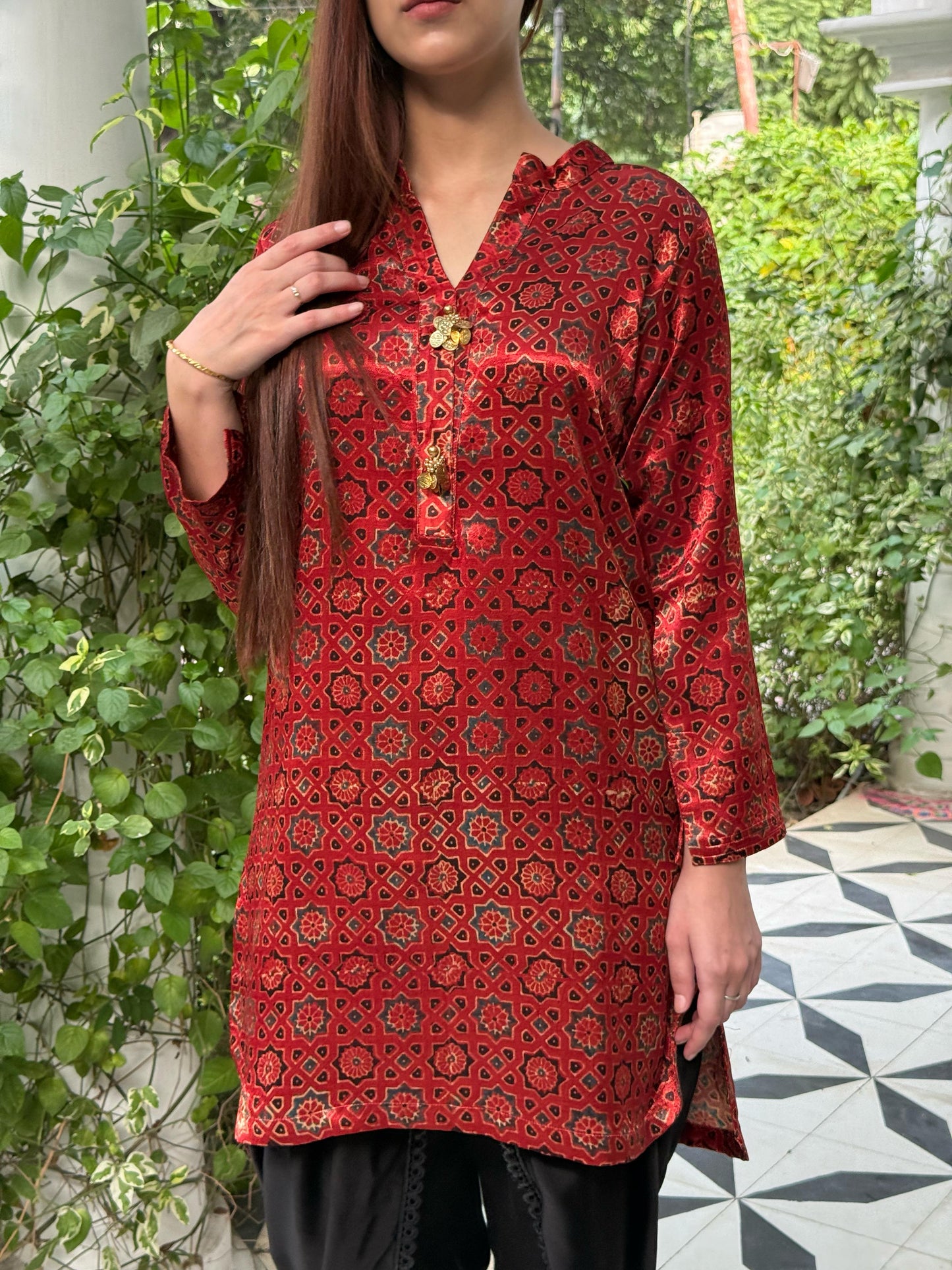 Ajrak Brick Red Shade Mashru Silk, Short Kurta