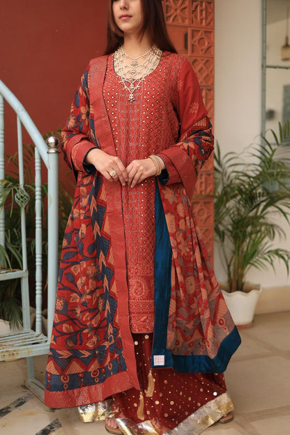 Madder Rust Red Chikankari Pure Georgette Kurta Gharara Set with Kalamkari Dupatta