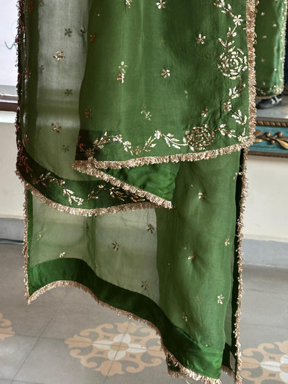 Green Moonga Silk Mukaish Badla Lehenga Set