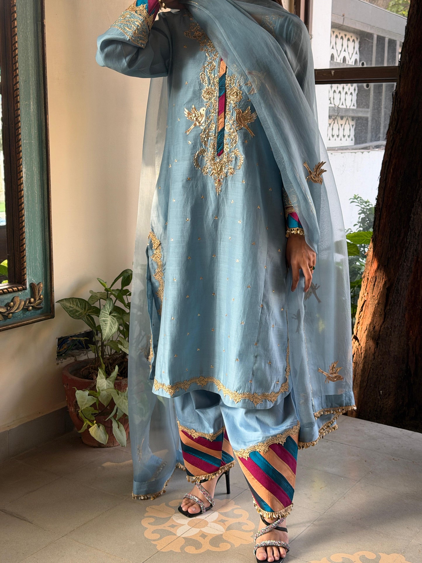 Pastel Blue Chanderi Silk Bird Motif Khadi Salwar Set