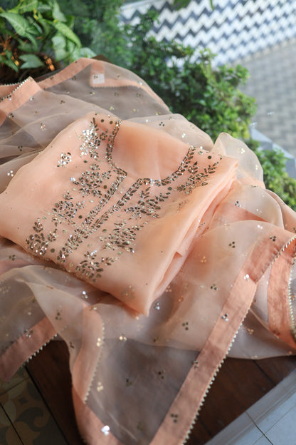 Peach Shade Noor Organza Silk Badla Unstitched Kurta Dupatta Set