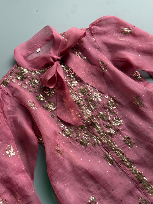 Onion Pink Noor Organza Mukaish Badla Short Top With Bow Tie