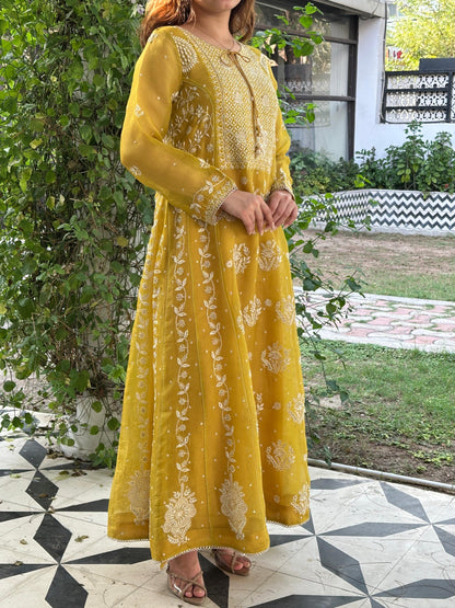 Yellow Noor Organza Chikankari Anarkali Kurta With Dupatta