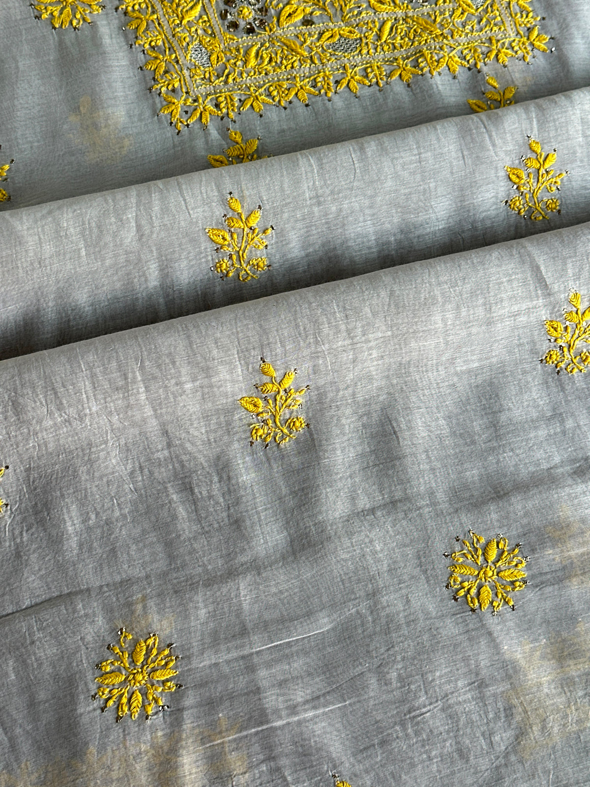 Grey Shade Mal Cotton Chikankari Unstitched Kurta Dupatta Fabric With Mukaish Badla