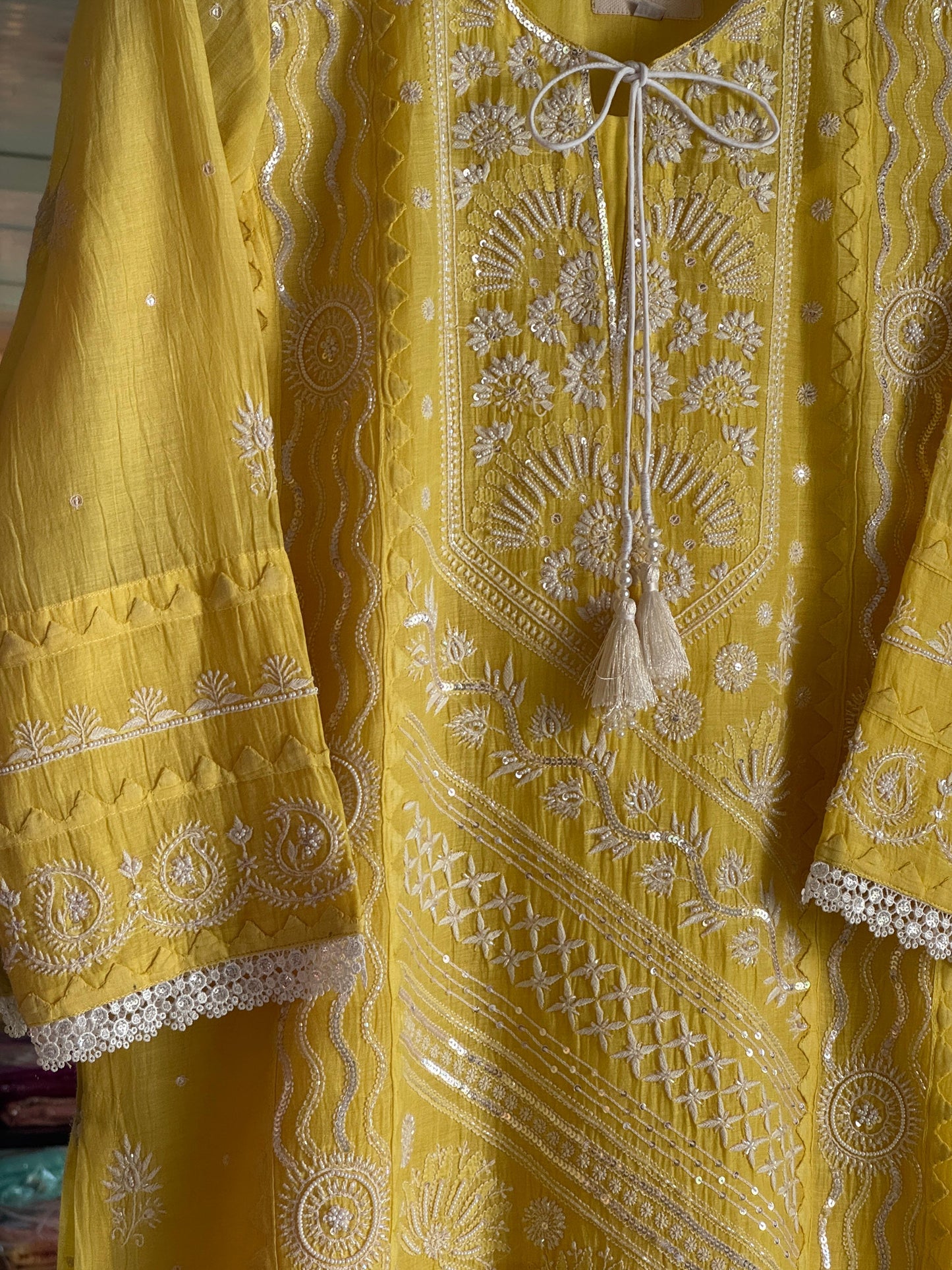 Yellow Mulmul Pearl White Chikankari Ready to Wear Kurta Set